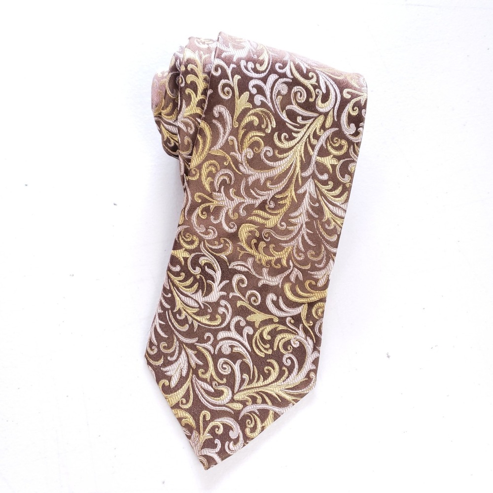Massimo Ferre‎ Silk Tie Brown Gold Baroque Scroll Ornate Luxury Handmade Necktie